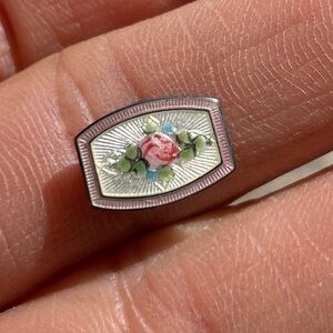 Vintage guilloche enamel pink rose sterling silver tiny slider necklace pendant